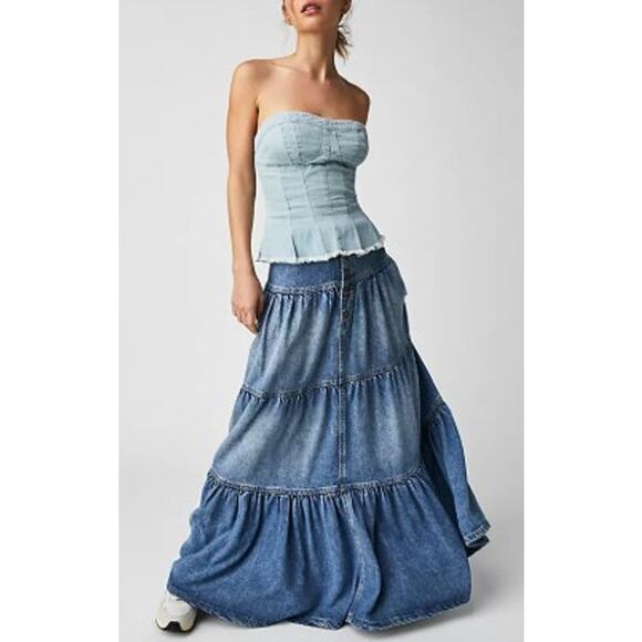 Free People Dreamweaver Tiered Denim Skirt Sz. M - Picture 1 of 9